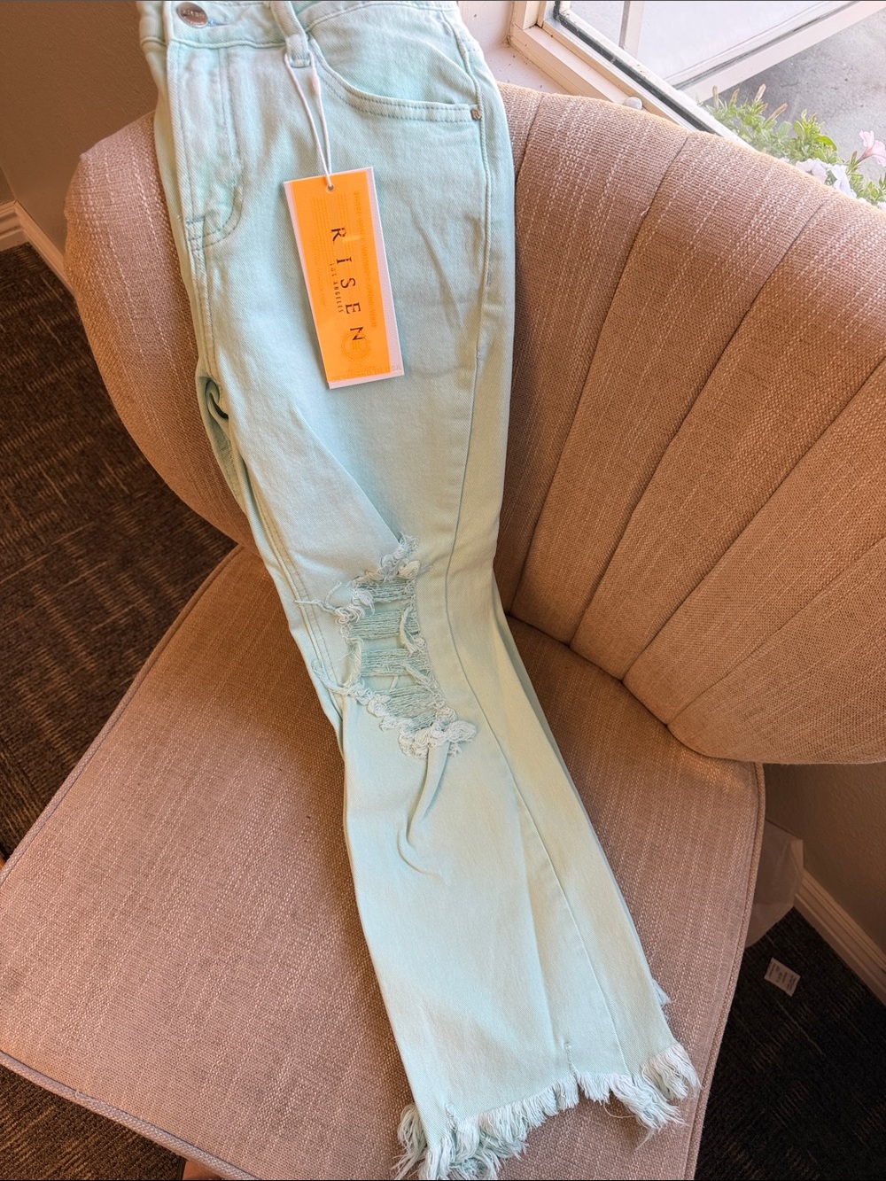 Risen Women's Pastel Mint Distressed Jeans